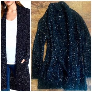 Guess Black & Gold Soft Shimmer Knit Fuzzy Sweater Cardigan Size Small